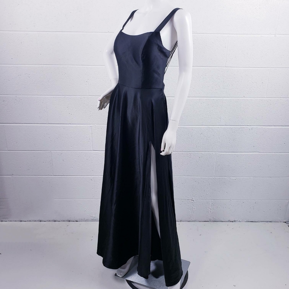 B Smart‎ Black Satin Gown Formal Dress Prom Homecoming Open Back Front Slit Sz 9
